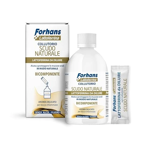 Forhans dwuskładnikowy płyn do płukania jamy ustnej z aktywną laktoferyną naturalną tarczą, kontrastuje z czarną plamą, błonami śluzowymi i suchymi ustami, idealny do implantów dentystycznych,