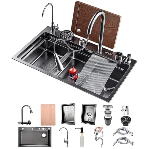 Offre limitée : 50 Cm De Large Evier De Cuisine Cascade Ensemble, Evier Multifonction Inoxydable Avec Robinet, Évier Affichage Numérique, Evier De Cuisine Nano Raindance Noir 1 Bac(Black-Grey A,85x50cm) de 139.00 € à 139.00 € (0.00% de remise)