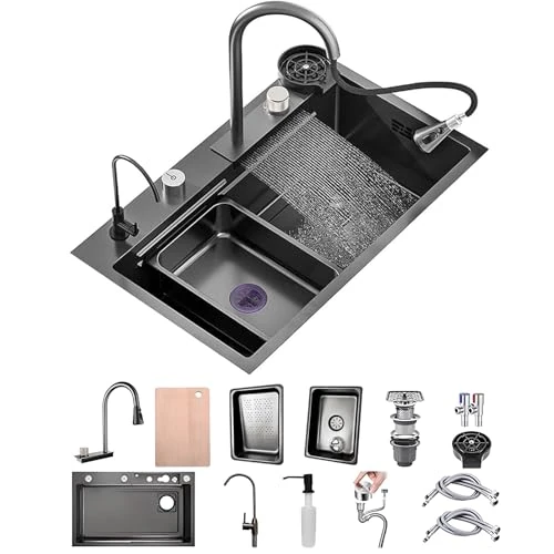 Offerta a tempo: 50 Cm Di Larghezza Nero Grande Cascata Lavello Cucina Acciaio Inox Set, Lavello Multifunzione1 Vasca Con Cascataterraneo Rubinetto, Lavandino Esterno Con Gocciolatoio E Vari Accessor(Black-Grey B,85x5 - 0% da 199.00 € a 199.00 €