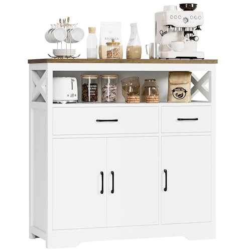 HOCSOK Sideboard, Kitchen Cabinet with 2 Drawers and 3 Doors, Wooden Storage Cupboard Cabinet for Kitchen, Living Room, Dining Room, Hallway, White & Brown