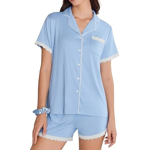 Ekouaer Pyjama dames korte pyjama set korte mouwen nachtkleding zomer pyjama knoopsluiting, blauw, M