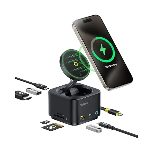 Oferta limitada: Baseus Cargador inalámbrico Magsafe 15W 7 en 1, Estación de Acoplamiento magnética Hub USB C 4K@60Hz HDMI, 100 W PD, 10 Gbps USB, Lector de Tarjetas SD Compatible con iPhone 16/15 / Mac/DELL/HP de 90.65 EUR a 90.65 EUR (ahorro 0%)
