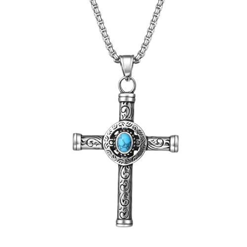 Cupimatch Collana Donna Croce Battesimo: Ciondolo in Acciaio Inossidabile Crocifisso Intarsiato Turchese Blu Stile Bohemia - Regalo Battesimo Uomo Donna Natale