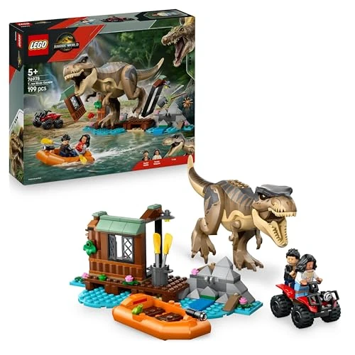 LEGO Jurassic World Huida por el Río y T. Rex a la Caza - Figura de Dinosaurio de Juguete Interactivo, Barco, Quad y 2 Minifiguras - Regalo de Cumpleaños para Niños y Niñas de 5+ Años 76975