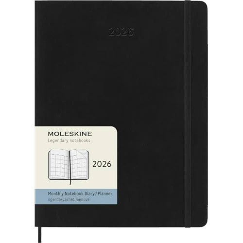 Moleskine Monatsplaner, Monatskalender 2026 12 Monate, Mit Weichem Einband und Elastischem Verschluss, Format XL 19x25, Farbe Schwarz