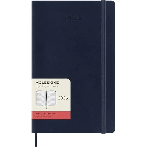 Moleskine Daily Planner, Daily Agenda 2026 12 Months, With Soft Cover and Elastic Closure, Large Format 13x21, Blue Color