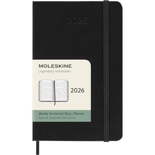 Moleskine Wochenplaner, Horizontale Wochenagenda 2026 12 Monate, Mit Festem Einband und Elastischem Verschluss, Pocket-Format 9x14, Farbe Schwarz
