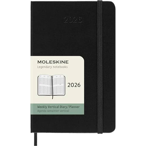 Moleskine Wochenplaner, Vertikaler Wochenkalender 2026 12 Monate, Fester Einband und Gummibandverschluss, Farbe Schwarz, Pocket-Format 9x14 cm