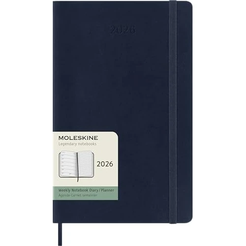 Moleskine Weekly Planner, 2026 12-Month Weekly Agenda with Space for Notes, with Soft Cover and Elastic Closure, Large Format 13x21, Blue Color