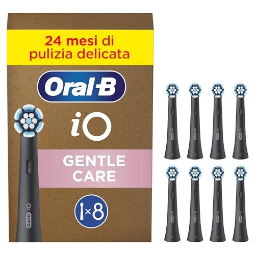 Offerta a tempo: Oral-B Testine di Ricambio iO Gentle Care Nere, 8 Testine Oral B per Spazzolino Elettrico, Rotonde Originali per Gengive Sensibili, Setole angolate per rimuovere la placca - 50% da 79.99 € a 39.99 €
