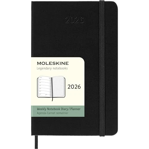 Moleskine 12 Monate Wochen Notizkalender 2026, Pocket/A6, 1 Wo = 1 Seite, rechts linierte Seite, fester Einband, Schwarz