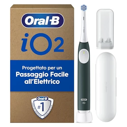 Oral-B iO 2 Spazzolino Elettrico Oral B, Verde, 1 Testina Di Ricambio, 1 Spazzolino, Custodia Da Viaggio, Supporto per Testine, Delicato sulle Gengive, Efficace sulla placca, Sensore di Pressione
