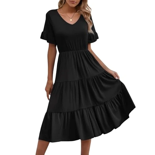 Offerta a tempo: Zeagoo Vestito Donna Estivo Casuale Linea A Scollo a V Manica Corta Elegante Abito da Spiaggia Ruffles Swing Abiti con Tasche Nero S - 0.0% da 8.49 € a 8.49 €