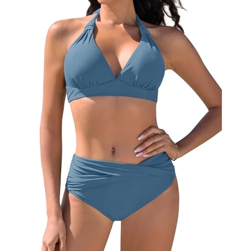 Offerta a tempo: Vijamiy Costume Donna Due Pezzi Costumi da Bagno Bikini Mare Push Up Bikinis Top Imbottito Reggiseno Costumi(Blu,S) - 48% da 22.99 € a 11.99 €