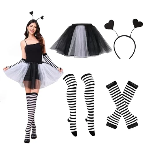 Ajuanbazha 4-częściowy kostium pszczół dla kobiet, kostium pszczół łącznie z opaską do włosów, rękawiczkami, tiulową spódnicą, pończochami do ćwiczeń, idealny dla dorosłych, karnawał, imprezy