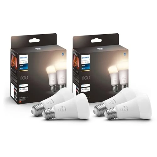 Oferta limitada: Philips Hue White - Bombillas inteligentes LED E27,1055lúmenes, Luz Blanca Cálida, Regulable, Controlable mediante Aplicación, Compatible con Amazon Alexa, Eficiencia Energética F, Pack de 4 de 59.99 EUR a 35.49 EUR (ahorro 41%)