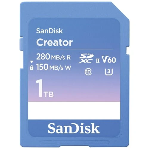 SanDisk Creator SD-UHS-II geheugenkaart 1 TB (voor DSLR en spiegelloze camera's, 6K video, V60, UHS-II, 280 MB/s lezen, RescuePRO Deluxe, Adobe Creative Cloud)