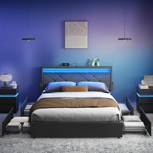 Oferta limitada: VASAGLE Marco de Cama Matrimonio, Base con Listones, 160 x 200 cm, LED, Metal, 4 Cajones, Estación de Carga, Cabecero Acolchado Ajustable, Gris Pizarra RMB828G02 de 203.99 € a 203.99 € (ahorro 0.00%)