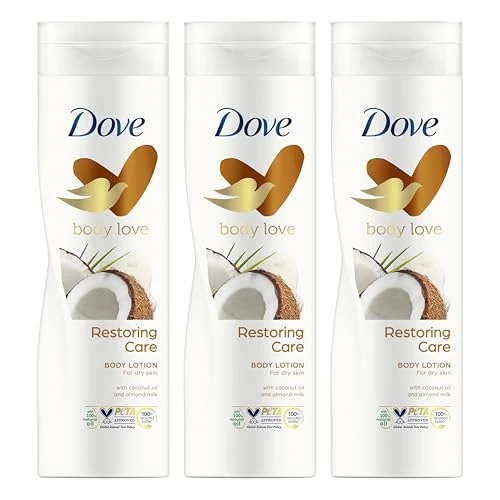 Dove Body Love Restoring Care Loción Corporal hidratante con aceite de coco y leche de almendras para piel seca 400 ml (paquete de 3)