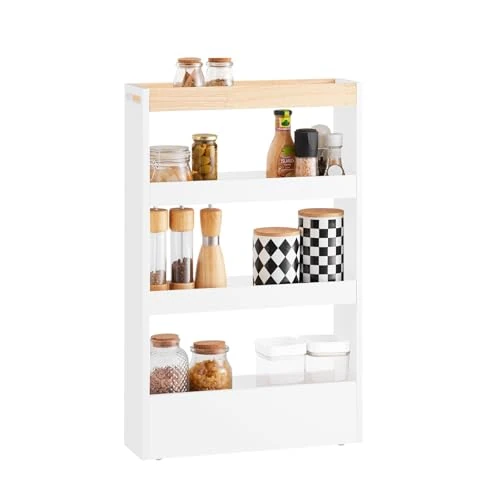 Limited-time offer: SoBuy Slim Storage Trolley on Wheels 15 cm Narrow Storage Unit Rolling Cart for Kitchen, Bathroom or Office – 3-Tier Organiser Shelf Unit, White & Natural Wood, 50×15x80 cm NSR12-W from 71.95 GBP to 71.95 GBP (save 0%)