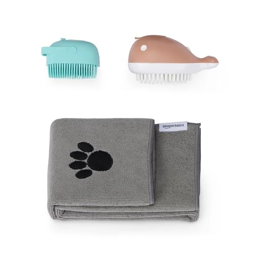 Amazon Basics Brosse de bain pour chien avec serviette à séchage rapide, brosse de toilettage pour animaux de compagnie pour le bain et le nettoyage, 2 Brosses