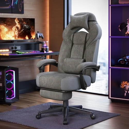 SONGMICS Sedia Gaming, Sedia Ufficio Scrivania, Ergonomico, con Poggiapiedi, Poggiatesta Regolabile, Cuscino Lombare, Portata 150 kg, Grigio Ardesia OBG077G01