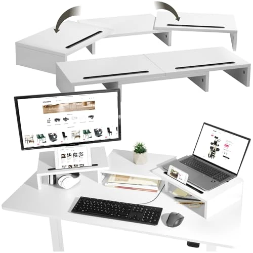 tectake® Dual Monitor Stand for Desk, Ergonomic PC & Laptop Stand with Extendable Side Panels, Durable & Stable Monitor Riser with Extra Storage Space, Incl. 2 Smartphone & Tablet Holders - White