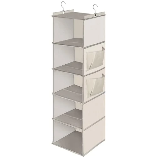 Cozary Organizer Armadio da Appendere 5 Ripiani, Organizzatore Armadio Pieghevole, Organizer da Appendere con Ganci in Metallo, per Camera da Letto- Beige