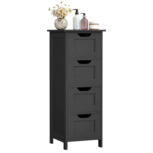 Offerta a tempo: VASAGLE Mobile da Bagno, Cassettiera, Armadio Autoportante, con 4 Cassetti, 30 x 30 x 82 cm, per Bagno, Soggiorno, Sala da Pranzo, Cucina, Stile Moderno, Nero Inchiostro LHC040B01 - 10% da 59.99 € a 53.99 €