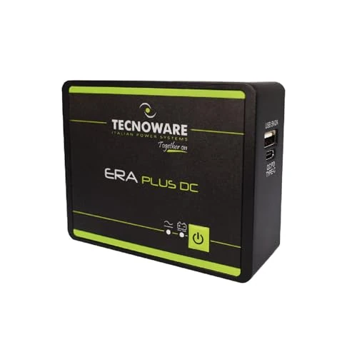 Tecnoware Mini UPS ERA Plus DC para WiFi/Modem y videovigilancia, no Apto para Gaming/Consola, USB-C y USB-A, PowerBank 5200mAh, protección Picos de tensión y Cortes hasta 240 min