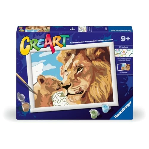 Tijdelijke aanbieding: Ravensburger CreArt: Lion and Puppy - Schilderij met cijfers voor kinderen vanaf 9 jaar, schilderset met planken, lijst, penseel en kleuren inbegrepen, 25 x 18,30 cm, cadeau-ideeën van 21.99 € naar 21.99 € (0.00% korting)