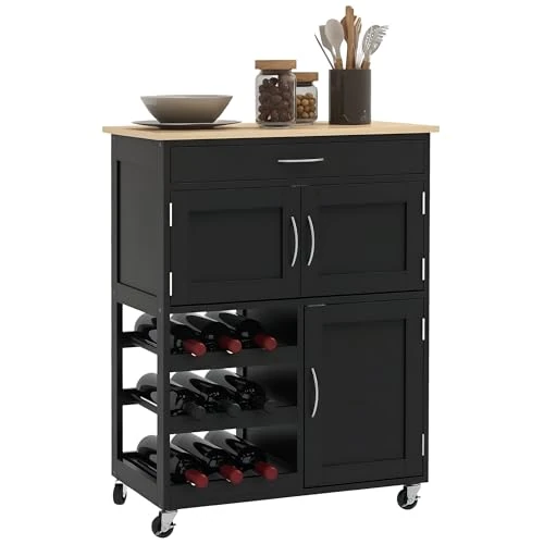 HOMCOM Carro de Cocina con Botellero, 3 Puertas, 4 Ruedas y Cajón, Armario de Cocina Ahorrador de Espacio para Microondas y Especias en Madera, 67x37x87 cm, Negro y Roble