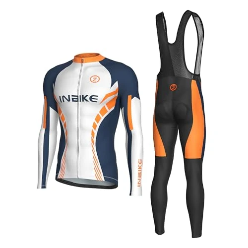 INBIKE Radtrikot Herren Langarm Set mit Sitzpolster Fahrradtrikot Fahrradhose Trägerhose Gepolstert Atmungsaktiv Schnell Trocknend für Radfahren Rennrad MTB Outdoor L