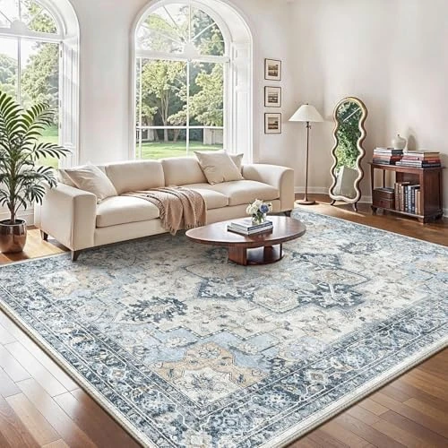 GENIMO Tapis Vintage Extra Grand, Lavables, à Poils Courts avec Dos Antidérapant, Non-Déperlant pour Salon, Grand Tapis pour Chambre et Bureau, 200x290 cm,Bleu