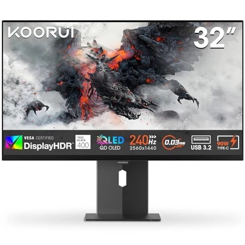 Offerta a tempo: KOORUI S3241XO - Monitor da 32" 4K per Gaming, 240Hz, QD-OLED, UHD 2160P, 0,03ms, HDR 400, Adaptive Sync, Regolabile in Altezza, Montaggio VESA, USB-C/HDMI/DP, Bassa Emissione di Luce Blu, 99% SRGB - 0.00% da 425.93 € a 425.93 €