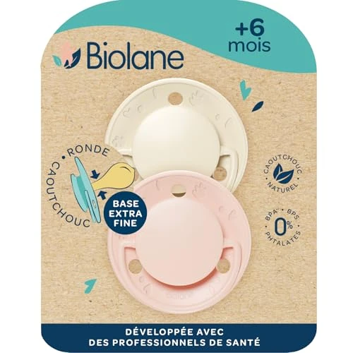 BIOLANE - Tettarelle rotonde - Ciuccio extra sottile - 6 mesi in più - Rosa e Beige - Tecchino in gomma naturale - Rispetto per lo sviluppo orale - Morbido e confortevole