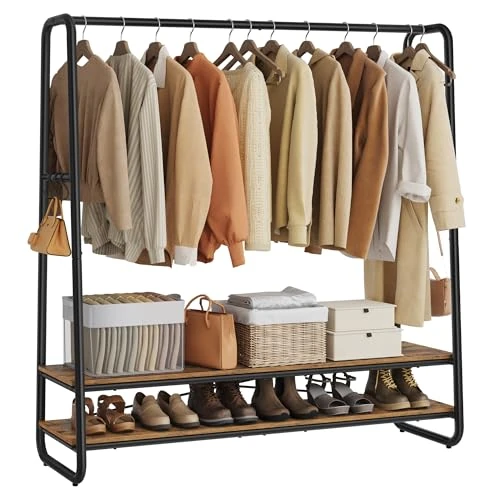 VASAGLE Perchero Burro, Perchero Recibidor con 2 Estantes, 6 Ganchos en Forma de S, Marco de Acero, 45 x 138 x 160 cm, para el Dormitorio, Marrón Rústico y Negro RGR119B01