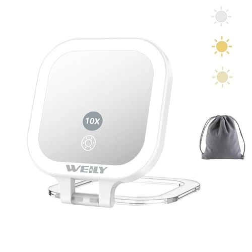 Oferta limitada: WEILY Espejo Maquillaje con Luz, 1X/10x Doble Cara Espejo Aumento, Espejo de Viaje con 3 Luces de Color y Control Táctil, Espejo de Mano Portátil Recargable por USB (Blanco) de 14.99 EUR a 14.99 EUR (ahorro 0%)