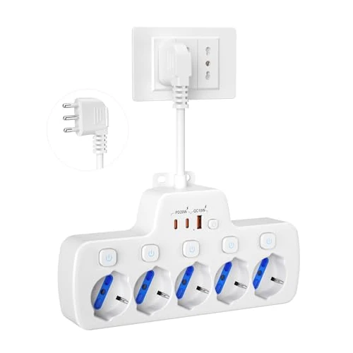 Power Strip 5 Seater Power Strip Space-Saving with Independent Switches, 5 Multipurpose Schuko 10/16A Bi-pass Adapter Italian Bivalents Plug 2P+T 16A, Short Cable 0.1 m, White