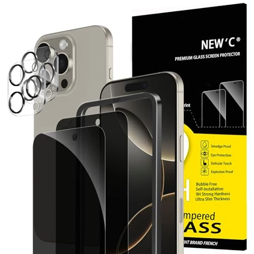 NEW'C Kit de 4, 2 x Verre Trempé Anti-Espion pour iPhone 16 Pro (6,3 Pouces) et 2 x Protection Caméra Arrière - Kit Outil d'Installation Facile -Angle de Confidentialité 28 Degrés Amélioré