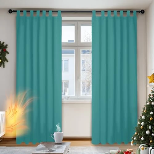 Deconovo Verdunklungsvorhänge Schlaufen Gardinen Lärmschutzvorhang Winter Extra Warm Vorhang Blickdicht, 280x140 cm(HöhexBreite), Türkis, 2er Set