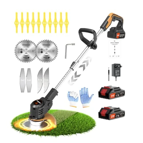 Wrneaoch Accu-bosmaaier 21 V bosmaaier met 6.000 omw/min en 650 W motor elektrische grasmaaier met 2 accu's 2,0 Ah is ideaal voor effectief en moeiteloos grasmaaien van gras