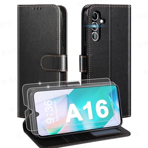 Telefoonhoesje voor Samsung Galaxy A16 5G, met 2 beschermfolie, lederen hoes, inklapbare flipcase, tas, magneet, kaartenvak, standaardfunctie, beschermhoes