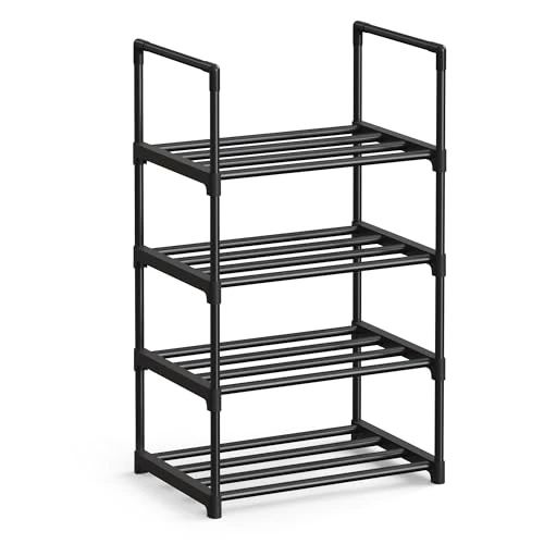 SONGMICS 4-Tier Shoe Rack, Shoe Storage Organiser, Metal Storage Rack, Upright or Upside Down, Fits 5 to 10 Pairs, Stackable, for Hallway, 30 x 42.5 x 71.5 cm, Black LSA004B01