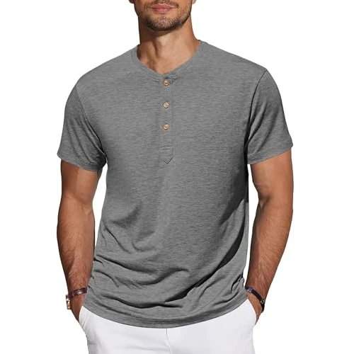Tijdelijke aanbieding: TARAINYA Henley T-shirt voor heren, katoen, korte mouwen, zomer, met knoopsluiting, B donkergrijs, XL van 27.58 € naar 27.58 € (0.00% korting)