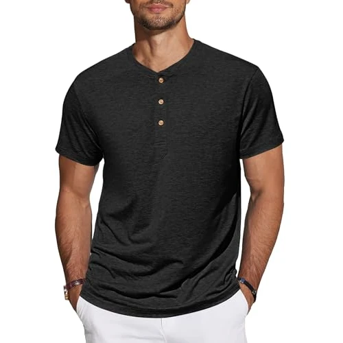 Limited-time offer: TARAINYA Henley Men's Cotton T-Shirt Short Sleeve Summer Men with Button Placket, A Black, L from 16.04 £ to 15.74 £ (save 1.87%)