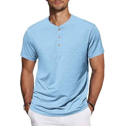 Zeitlich begrenztes Angebot: TARAINYA Henley Shirt Herren Baumwolle T-Shirt Kurzarm Sommer Männer mit Knopfleiste Hellblau M von 19.99 € auf 16.99 € (15% Rabatt)
