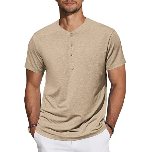 Offerta a tempo: TARAINYA Henley T-Shirt Uomo Cotone Maniche Corte Estiva Cachi M - 31% da 25.98 € a 18.04 €