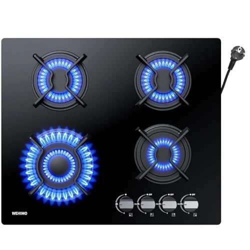 Offerta a tempo: WEHIMO Piano Cottura a Gas 4 Fuochi da Incasso, 60cm, 7800W, Protezione Flame-Out, Gas Naturale/Propano/Butano, Vetro Nero - 24% da 129.90 € a 98.73 €