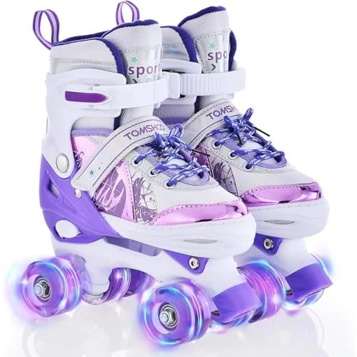 TOMSHOO Children's Roller Skates with 4 Sizes, Adjustable, LED Wheels, Multiple Size Options, for Christmas and Birthday Gifts, Size XS, Purple